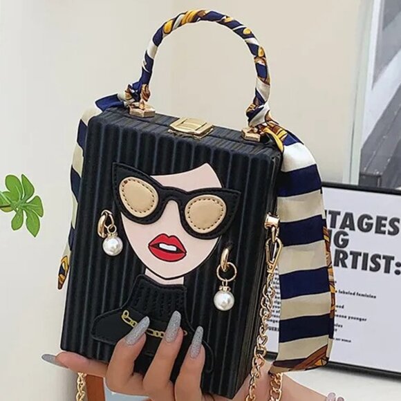 Chic Fashion Lady Face Trendy Box Handbag w/Pearl Earrings, Scarf Twilly Handle - Picture 3 of 10